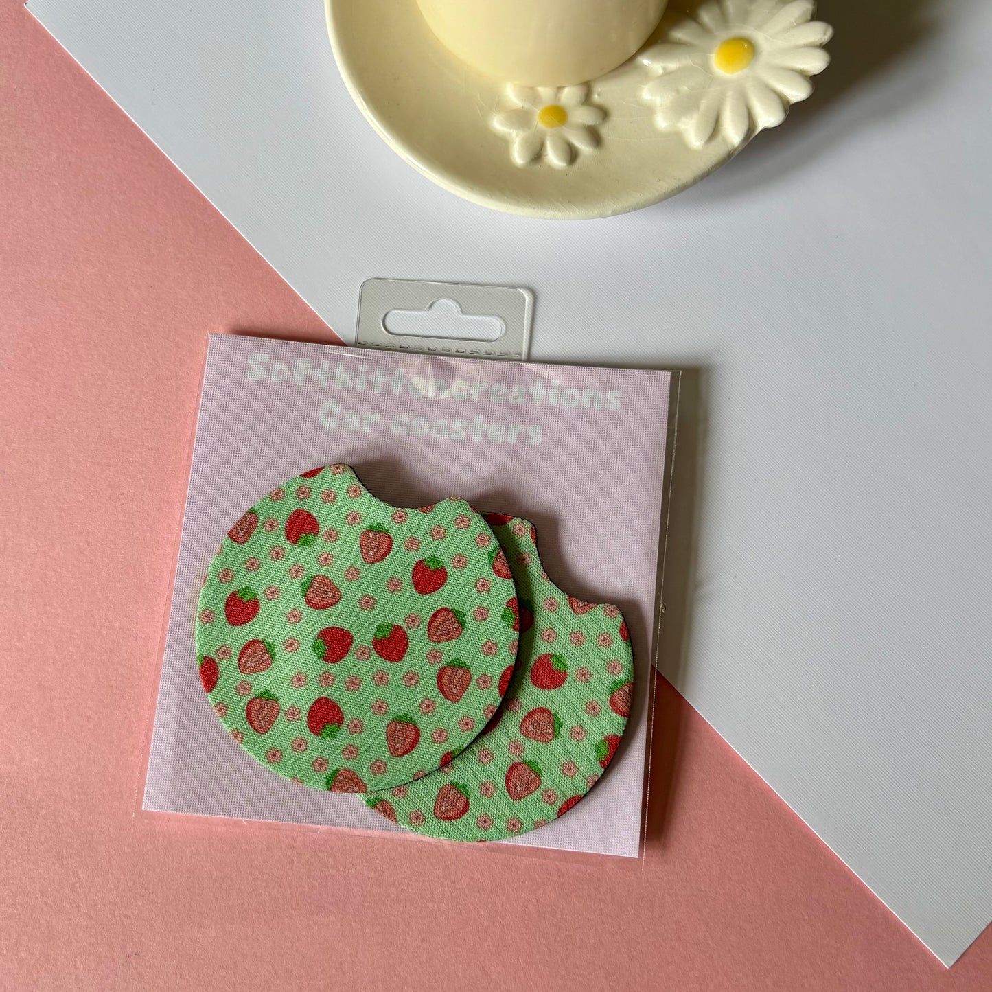 Kawaii car coaster set | coasters, car accessories, ducks, pastel, bows, cherries, frogs, froggy, character, aesthetic, cats, strawberries