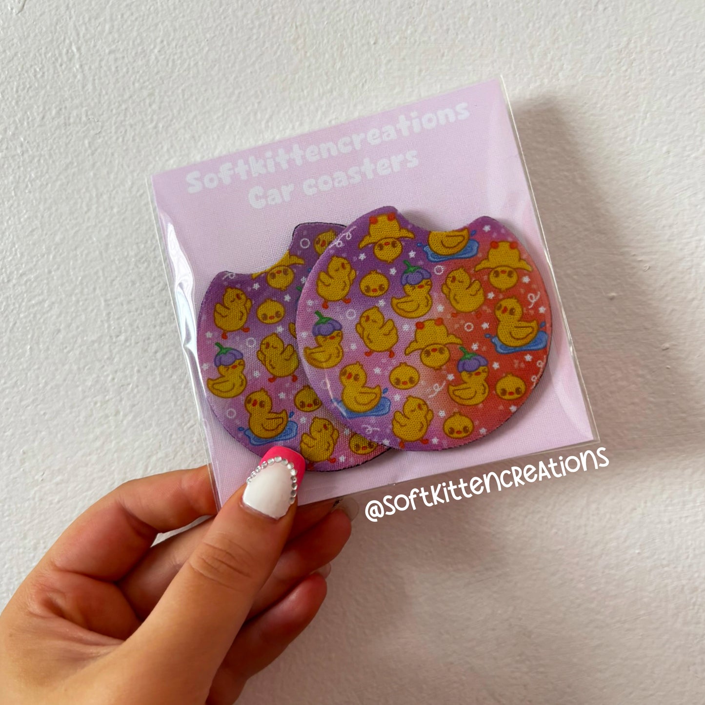 Kawaii car coaster set | coasters, car accessories, ducks, pastel, bows, cherries, frogs, froggy, character, aesthetic, cats, strawberries