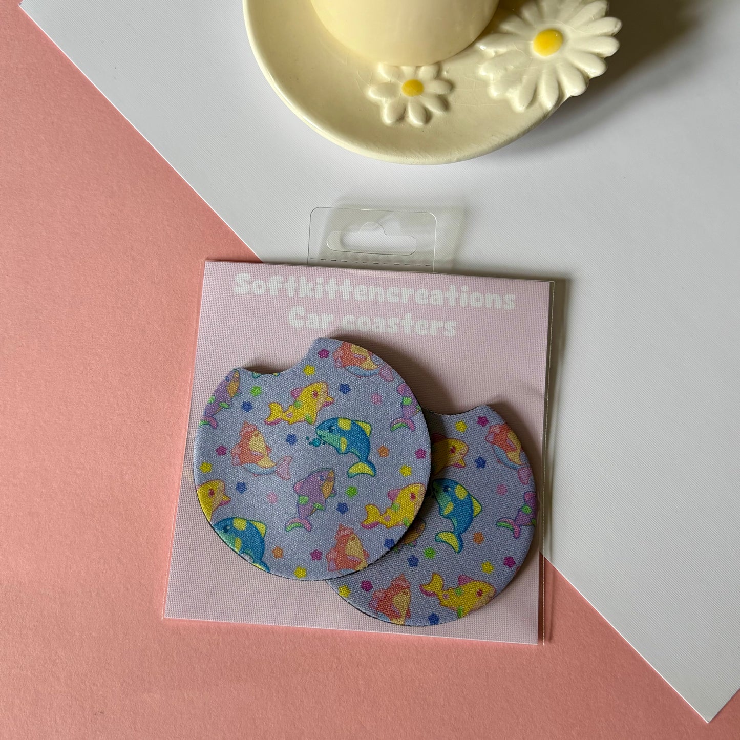 Kawaii car coaster set | coasters, car accessories, ducks, pastel, bows, cherries, frogs, froggy, character, aesthetic, cats, strawberries