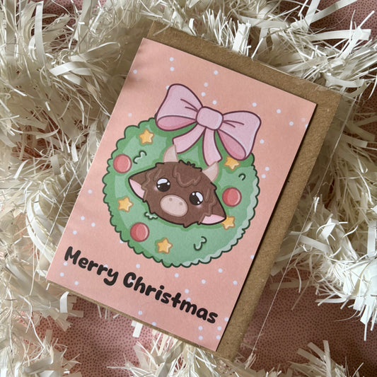 Highland cow wreath Christmas card