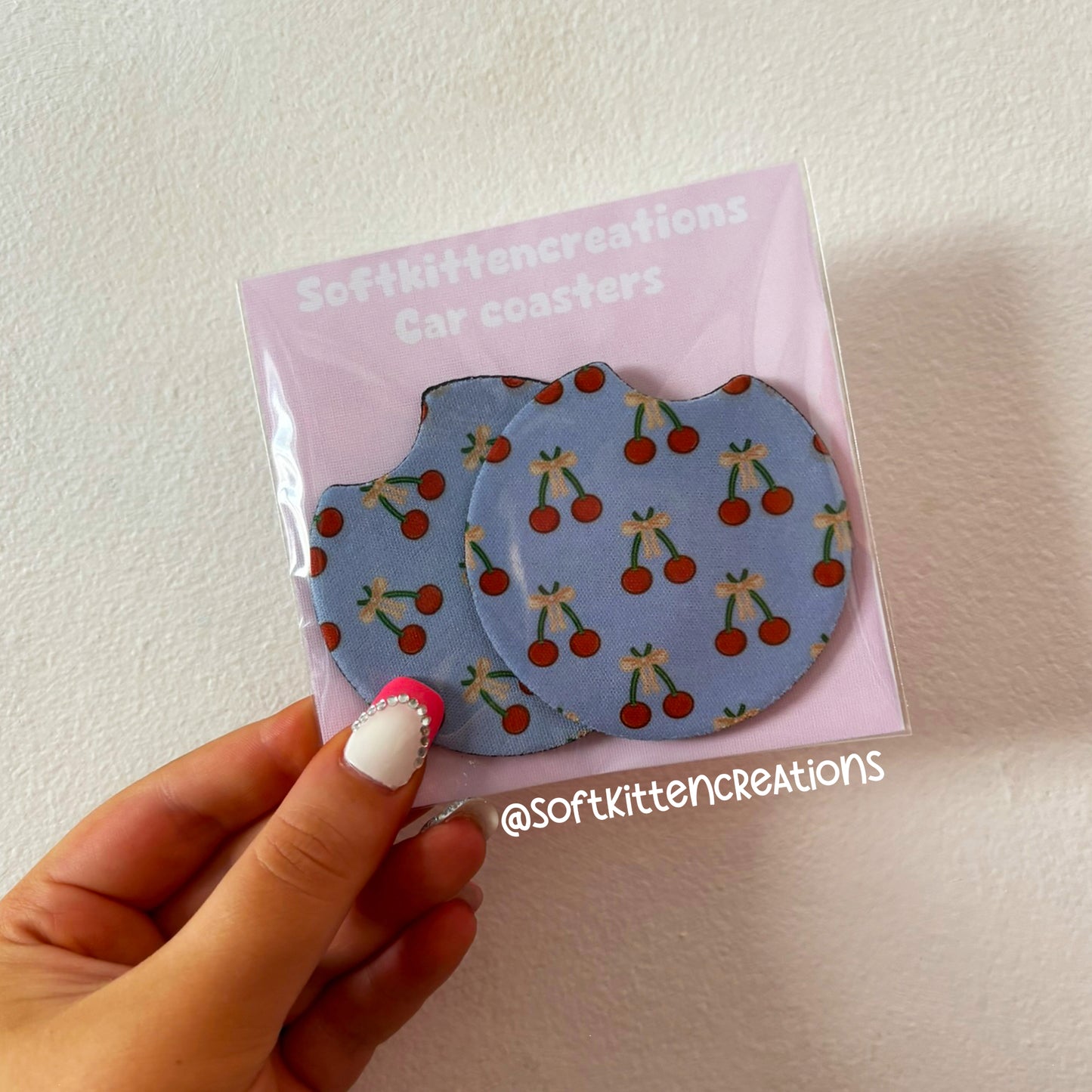 Kawaii car coaster set | coasters, car accessories, ducks, pastel, bows, cherries, frogs, froggy, character, aesthetic, cats, strawberries